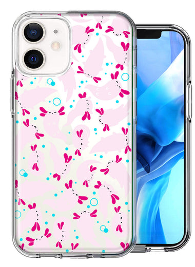 Apple iPhone 12 Mini Pink Happy Swimming Axolotls Polka Dots Double Layer Phone Case Cover