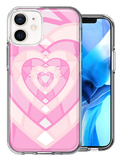 Apple iPhone 12 Mini Pink Gem Hearts Design Double Layer Phone Case Cover