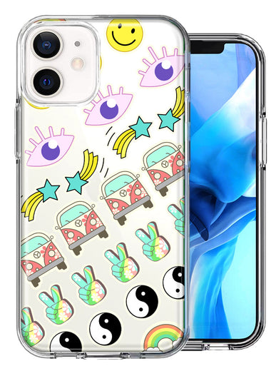 Apple iPhone 12 Mini 70's Yin Yang Hippie Happy Peace Stars Design Double Layer Phone Case Cover