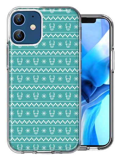 Apple iPhone 12 Teal Christmas Reindeer Pattern Design Double Layer Phone Case Cover