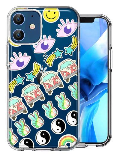 Apple iPhone 12 70's Yin Yang Hippie Happy Peace Stars Design Double Layer Phone Case Cover