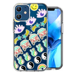 Apple iPhone 12 70's Yin Yang Hippie Happy Peace Stars Design Double Layer Phone Case Cover