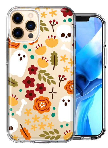 Apple iPhone 12 Pro Max Spooky Season Fall Autumn Flowers Ghosts Skulls Halloween Double Layer Phone Case Cover