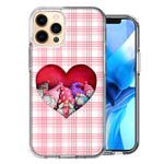 Apple iPhone 12 Pro Max Valentine's Day Garden Gnomes Heart Love Pink Plaid Double Layer Phone Case Cover