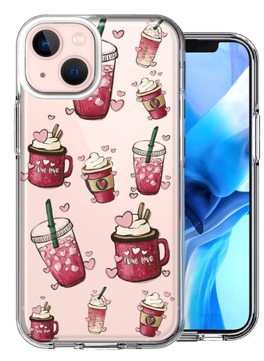 Apple iPhone 14 Plus Coffee Lover Valentine's Hearts Pink Drink Latte Design Double Layer Phone Case Cover