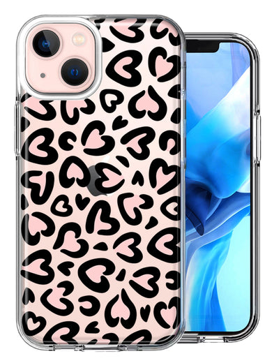 Apple iPhone 14 Plus Cute Pink Leopard Print Hearts Valentines Day Love Double Layer Phone Case Cover