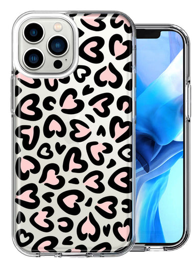 Apple iPhone 13 Pro Max Cute Pink Leopard Print Hearts Valentines Day Love Double Layer Phone Case Cover