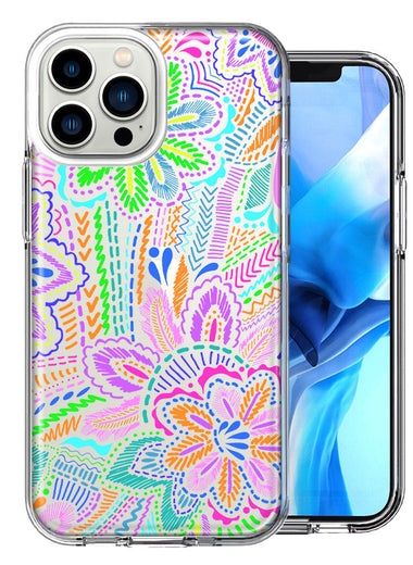 Apple iPhone 14 Pro Max Colorful Summer Flowers Doodle Art Design Double Layer Phone Case Cover