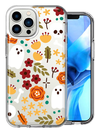 Apple iPhone 13 Pro Max Spooky Season Fall Autumn Flowers Ghosts Skulls Halloween Double Layer Phone Case Cover