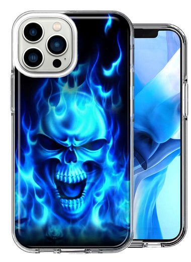 Apple iPhone 15 Pro Max Blue Flaming Skull Double Layer Phone Case Cover