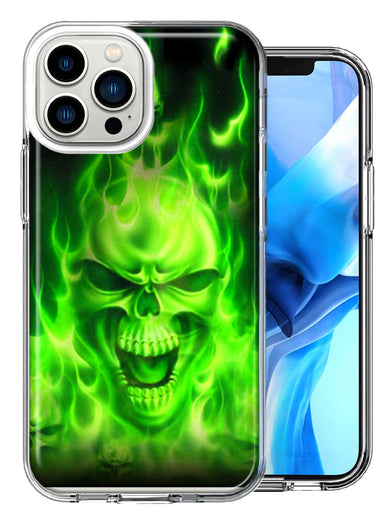Apple iPhone 14 Pro Max Green Flaming Skull Double Layer Phone Case Cover