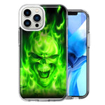 Apple iPhone 14 Pro Green Flaming Skull Double Layer Phone Case Cover