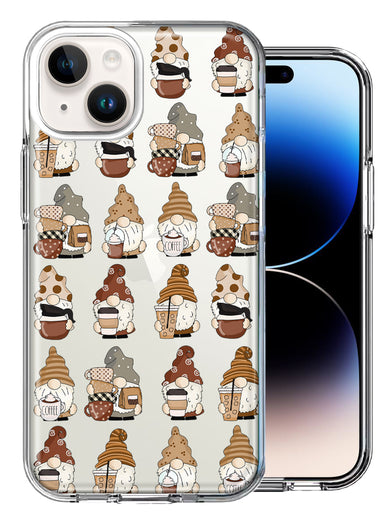 Apple iPhone 14 Cute Morning Coffee Lovers Gnomes Characters Drip Iced Latte Americano Espresso Brown Double Layer Phone Case Cover