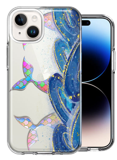 Apple iPhone 15 Plus Rainbow Mermaid Tails Scales Ocean Waves Beach Girls Summer Double Layer Phone Case Cover