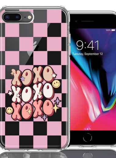 Apple iPhone 7/8 Plus Retro Pink Checkered XOXO Vintage 70s Style Hippie Valentine Love Double Layer Phone Case Cover