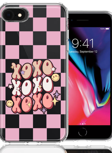 Apple iPhone 6/7/8/SE 2020/SE 3 2022 Retro Pink Checkered XOXO Vintage 70s Style Hippie Valentine Love Double Layer Phone Case Cover