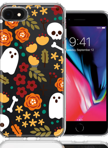 Apple iPhone 6/7/8/SE 2020/SE 3 2022 Spooky Season Fall Autumn Flowers Ghosts Skulls Halloween Double Layer Phone Case Cover