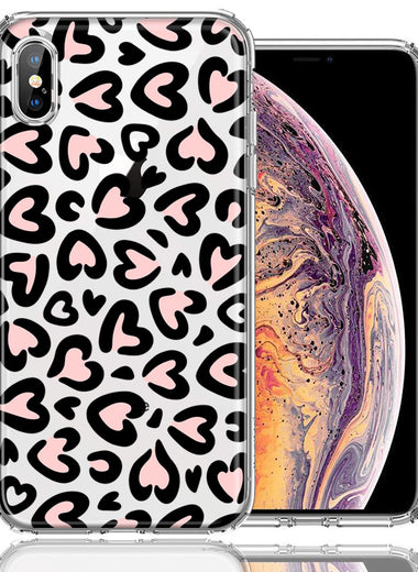 Apple iPhone XS/X Cute Pink Leopard Print Hearts Valentines Day Love Double Layer Phone Case Cover