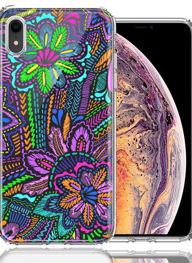 Apple iPhone XR Colorful Summer Flowers Doodle Art Design Double Layer Phone Case Cover