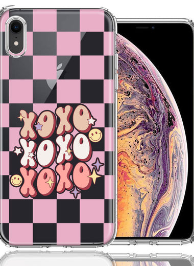 Apple iPhone XR Retro Pink Checkered XOXO Vintage 70s Style Hippie Valentine Love Double Layer Phone Case Cover