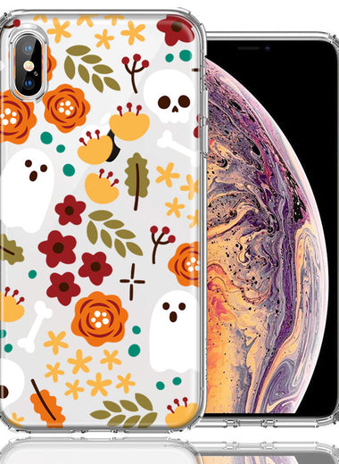 Apple iPhone XS/X Spooky Season Fall Autumn Flowers Ghosts Skulls Halloween Double Layer Phone Case Cover