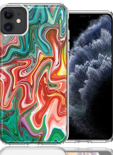 Apple iPhone 12 Green Pink Abstract Design Double Layer Phone Case Cover