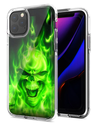 Apple iPhone 12 Pro 6.1" Green Flaming Skull Design Double Layer Phone Case Cover