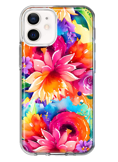 Apple iPhone 12 Watercolor Paint Summer Rainbow Flowers Bouquet Bloom Floral Hybrid Protective Phone Case Cover