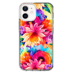 Apple iPhone 12 Mini Watercolor Paint Summer Rainbow Flowers Bouquet Bloom Floral Hybrid Protective Phone Case Cover