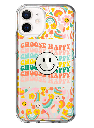 Apple iPhone 12 Choose Happy Smiley Face Retro Vintage Groovy 70s Style Hybrid Protective Phone Case Cover