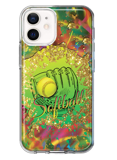 Apple iPhone 12 Love Softball Girls Glove Green Tie Dye Swirl Paint Hybrid Protective Phone Case Cover