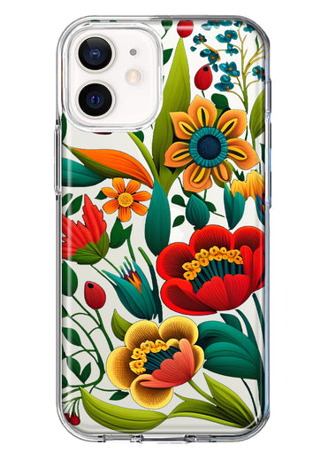 Apple iPhone 12 Colorful Red Orange Folk Style Floral Vibrant Spring Flowers Hybrid Protective Phone Case Cover
