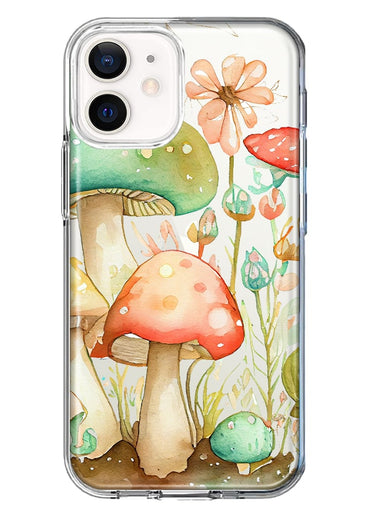 Apple iPhone 12 Mini Fairytale Watercolor Mushrooms Pastel Spring Flowers Floral Hybrid Protective Phone Case Cover