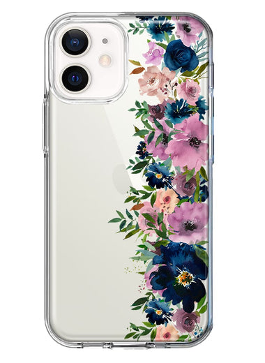 Apple iPhone 11 Navy Blue Summer Watercolor Floral Classic Purple Flowers Hybrid Protective Phone Case Cover