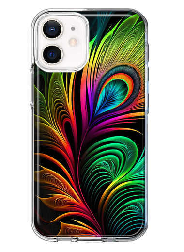 Apple iPhone 12 Neon Rainbow Glow Peacock Feather Hybrid Protective Phone Case Cover