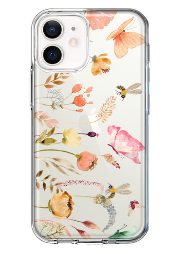 Apple iPhone 12 Peach Meadow Wildflowers Butterflies Bees Watercolor Floral Hybrid Protective Phone Case Cover