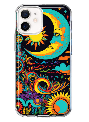 Apple iPhone 12 Neon Rainbow Psychedelic Indie Hippie Indie Moon Hybrid Protective Phone Case Cover