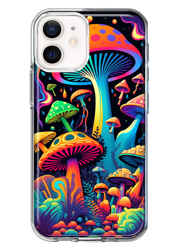 Apple iPhone 12 Neon Rainbow Psychedelic Indie Hippie Mushrooms Hybrid Protective Phone Case Cover