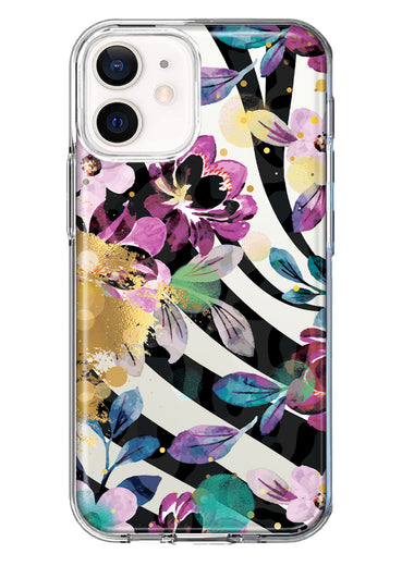 Apple iPhone 12 Zebra Stripes Tropical Flowers Purple Blue Summer Vibes Hybrid Protective Phone Case Cover
