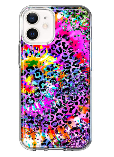 Apple iPhone 12 Vibrant Pink Purple Tie Dye Summer Leopard Swirl Rainbow Hybrid Protective Phone Case Cover