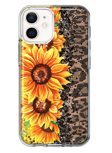 Apple iPhone 12 Yellow Summer Sunflowers Brown Leopard Honeycomb Hybrid Protective Phone Case Cover