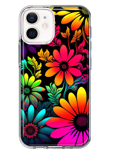 Apple iPhone 12 Neon Rainbow Glow Colorful Abstract Flowers Floral Hybrid Protective Phone Case Cover