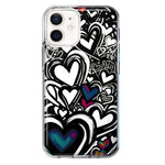 Apple iPhone 12 Black White Hearts Love Graffiti Hybrid Protective Phone Case Cover