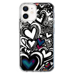 Apple iPhone 12 Mini Black White Hearts Love Graffiti Hybrid Protective Phone Case Cover