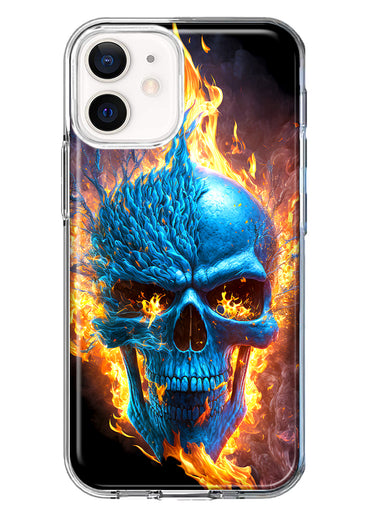 Apple iPhone 12 Blue Flaming Skull Burning Fire Double Layer Phone Case Cover