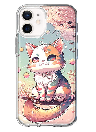 Apple iPhone 12 Kawaii Manga Pink Cherry Blossom Cute Cat Hybrid Protective Phone Case Cover