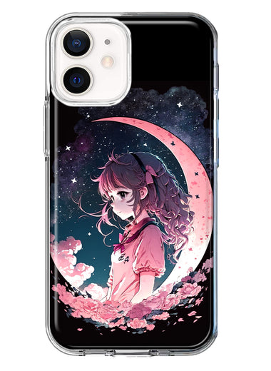 Apple iPhone 12 Kawaii Manga Pink Cherry Blossom Dreaming Moon Girl Hybrid Protective Phone Case Cover