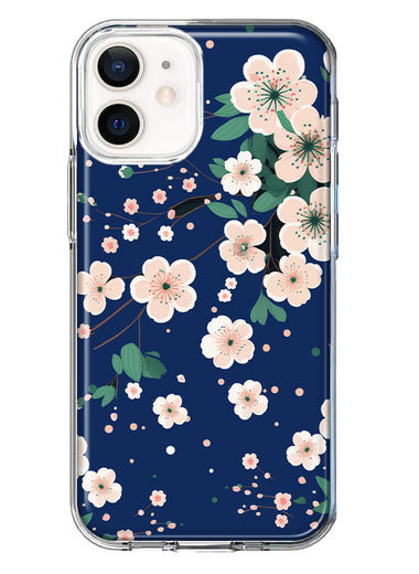 Apple iPhone 12 Kawaii Japanese Pink Cherry Blossom Navy Blue Hybrid Protective Phone Case Cover