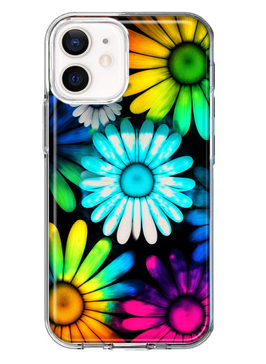 Apple iPhone 12 Neon Rainbow Daisy Glow Colorful Daisies Baby Blue Pink Yellow White Double Layer Phone Case Cover