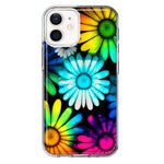 Apple iPhone 12 Neon Rainbow Daisy Glow Colorful Daisies Baby Blue Pink Yellow White Double Layer Phone Case Cover